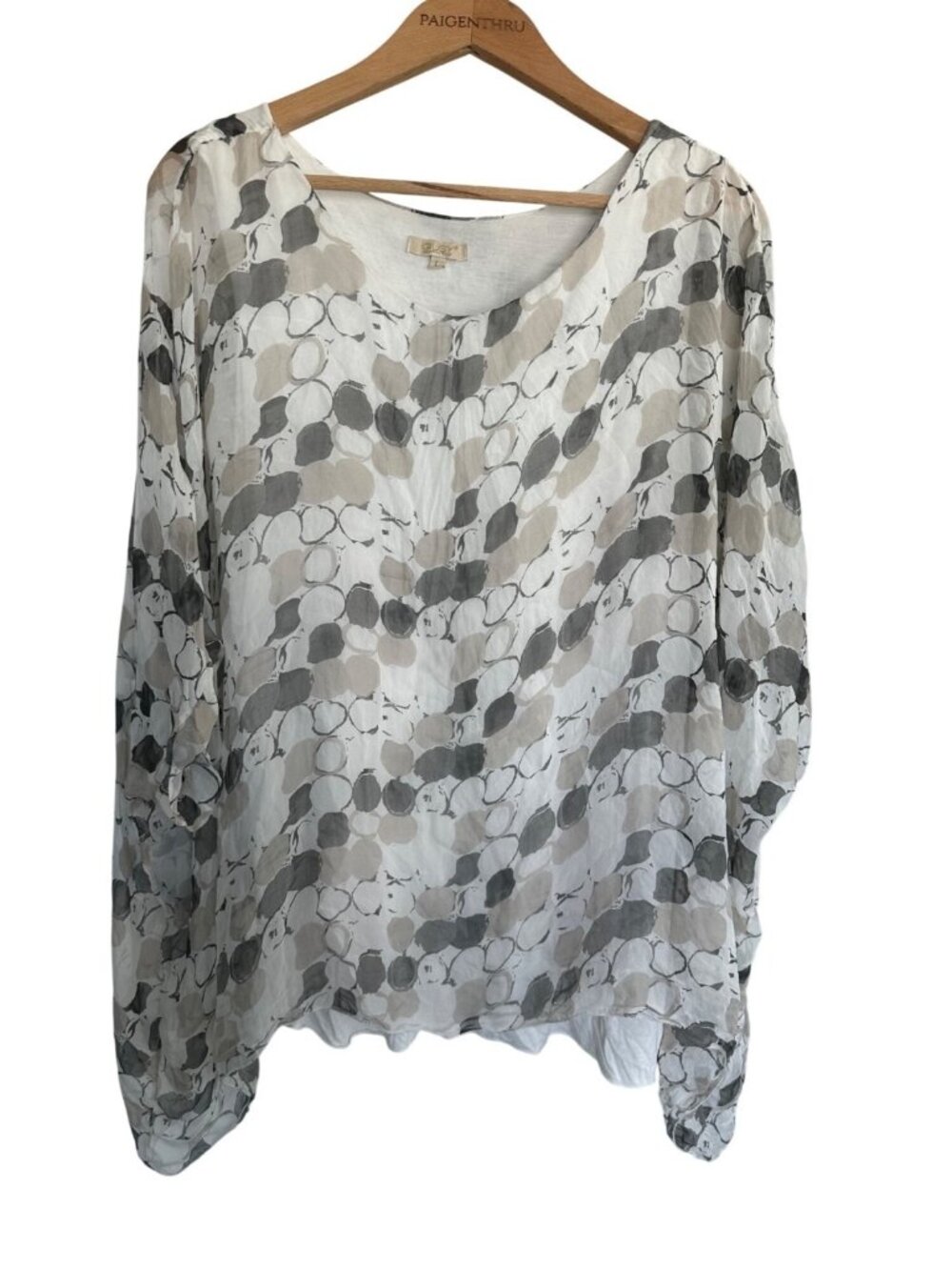 Gusy Women's LG Grey White Geometric Silk Whimsy Fairy Blouse Top